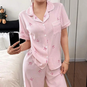 Vêtements de nuit d'été respirants pour femmes grandes tailles, ensembles de vêtements de nuit élégants, pantalons à taille élastique, prix de gros personnalisé, prix bas - Product Image 1