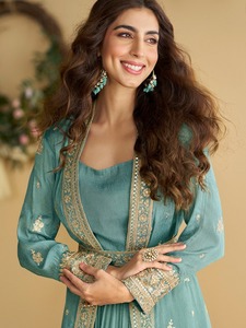 Readymade Elegant Chinon Silk Crush 3 Layer Gown Embroidered Sequence <b>Work</b> with <b>Belt</b> for Women for Wedding and Summer/Autumn - Product Image 4