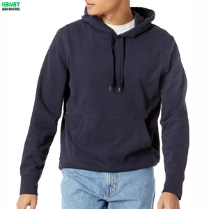 Men's 100% Cotton Hooded Sweatshirt Solid Navy <b>Blue</b> Regular Fit Casual Knitted Hoodie with Front Pocket Autumn Wear - Product Image 1
