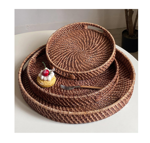 Customise Size & Design 2 pieces Boho Rattan Round Tray for <b>Coffee</b> <b>Table</b> Breakfast Bar Organizer Woven Rattan Tray - Product Image 2