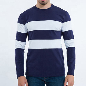Camiseta de Manga Larga para Hombre, Azul Marino con Rayas Blancas en Contraste, Cuello Redondo, Tejido de Punto, Corte Casual, Alta Calidad - Product Image 3