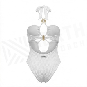 <b>White</b> Halter One-Piece Swimsuit With Hollow Out Design And Gold Beads Women's Beachwear - Product Image 2