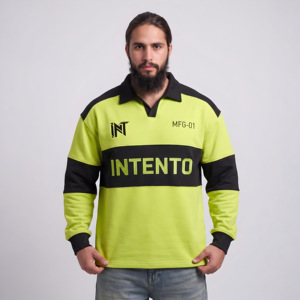 Sudadera de Manga Larga INTENTO para Hombre, 100% Algodón, Diseño Color Block, Cuello Camisero, Logotipo Frontal, Amarillo Neón y Negro, Estilo Deportivo - Product Image 1