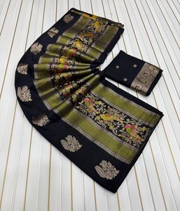 Sari traditionnel en tissu Meenakari, sari de créateur en tissu Chinya de qualité supérieure, sari jacquard motif oiseau royal, pallu élégant motif paon - Product Image 2