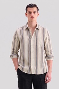 Camisas Casuales de Verano para Hombre Enovate, Diseño Poppy a Rayas, Lino/Algodón, Manga Larga, Doble Botonadura, Transpirables, ODM - Product Image 2