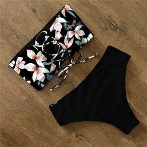 Conjunto de Bikini con Estampado Floral para Mujer, Top Bandeau, Braguita Hipster, Traje de Baño Elástico, Corte Regular, Estampado Digital, Tejido de Spandex y Poliéster - Product Image 5