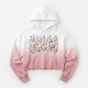 High Quality <b>Women's</b> <b>Pink</b> Die Cropped <b>Hoodie</b> Fleece Sweatshirt With Floral Front 3D Embroidery Casual Streetwear - Product Image 4