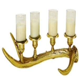 Rustic, gold-finished faux antler multi-candle holder holding elegant glass hurricanes. Available at wholesale price. - Product Image 1