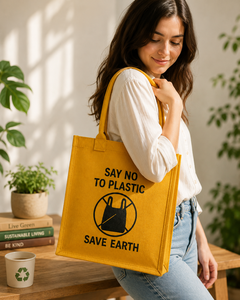 Say No To <b>Plastic</b> Jute Shopping Bag Medium Size Yellow Save Earth Eco Friendly Grocery <b>Tote</b> Handle Top - Product Image 4