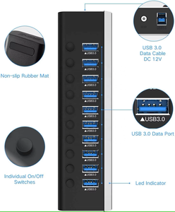 Thiết kế mới tốc độ cao 10-Port USB 3.0 hợp kim nhôm Hub 36 Wát Power Adapter cá nhân On/OFF thiết bị chuyển mạch cổ 12-tháng bảo hành - Product Image 2