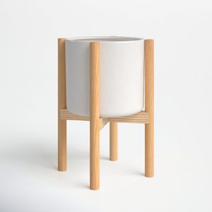 Modern Metal Flower <b>Pot</b> with White Circular Pattern on Wooden Stand for Indoor Use - Product Image 2