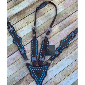 Conjunto de Collarín y Riendas para Caballo Western, de Gamuza Marrón con Turquesa y Costuras Decorativas, Cuero con Conchos Cuadrados para Rodeo y Senderismo - Product Image 1