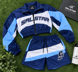 Women’s Custom Blue <b>White</b> Tracksuit Set 2 Piece Crop Jacket & <b>Shorts</b> Wholesale Athletic Sportswear Training <b>Jogger</b> Manufacturer - Product Image 6