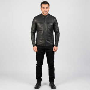 <b>Real</b> <b>Leather</b> Sheepskin Aniline Zipper Black Men Biker <b>Jacket</b> with Quilted Black Lining and Inside Outside Pockets <b>jacket</b> for men - Product Image 4