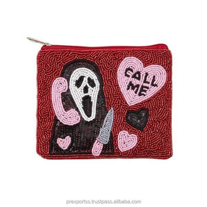 Pochette à perles visage effrayant, thème d'horreur, broderie artisanale, sac à fermeture éclair, pochette personnalisée, grande capacité, Halloween, Saint-Valentin - Product Image 1