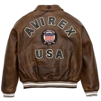 Blouson aviateur unisexe en cuir marron avec patch brodé, col en V, fermeture à ceinture, chauffant, épais, style hip-hop, qualité supérieure