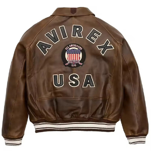 Unisex Brown Leather Bomber <b>Jacket</b> Embroidered Patch Design V-neck Collar Belt Closure <b>Heated</b> Thick Winter Hip Hop Style Private - Product Image 4