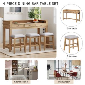 Multifunctional 4-Piece Dining <b>Bar</b> <b>Table</b> Set Gray with 3 Upholstered <b>Stools</b> <b>and</b> 3 Drawers - Product Image 5