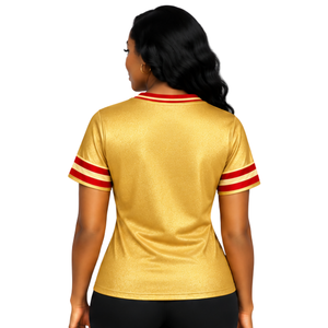 Maillot de football PDK Gold pour femme, rouge sergé, numéros 1923, motif branche de laurier, col en V, manches rayées, haut de tenue de sororité - Product Image 2