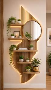 Ensemble d'étagères murales décoratives en bois modernes pour l'agencement des plantes, avec miroir rond et panneau cannelé, pour la décoration intérieure et les cadeaux de pendaison de crémaillère - Product Image 4