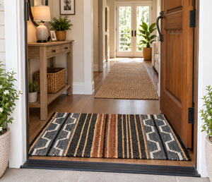 Tapis de porte en jute rayé rectangulaire avec envers antidérapant en caoutchouc, tissage plat, style ferme, tapis de couloir intérieur, tapis de table central - Product Image 1