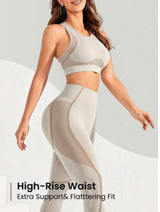 Ensemble de yoga 2 pièces sans couture pour femme : Legging taille haute et crop top dos nu respirant, tenue de sport active avec design en maille longueur genou, coloré - Product Image 4