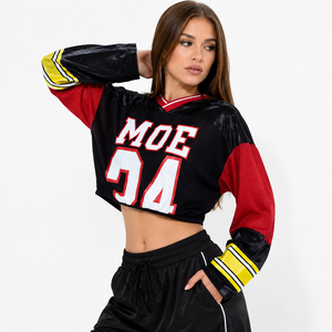 Jersey de Fútbol Americano Personalizado OEM para Mujer, Estilo Crop, Malla Transpirable, Corte Holgado, Manga Larga, Estilo Y2K, Ropa Urbana, Fabricante de Uniformes Deportivos - Product Image 1
