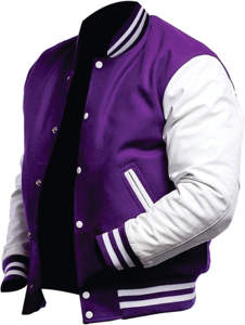 Purple Varsity <b>Jacket</b> <b>Men's</b> Casual Autumn Wear With <b>White</b> Sleeves Button Front Solid Color Regular Fit Turn-down Collar - Product Image 3