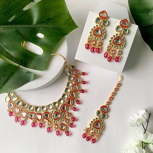 Gold Plated Alloy Floral Choker Necklace Earring Bracelet Set Zircon Imitation Pearl Ethnic Wedding Women Dailywear Party Wear - Product Image 1
