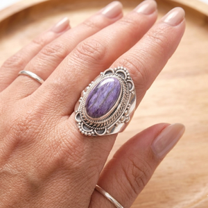 925 Sterling Silver Natural Charoite <b>Ring</b> Handmade Vintage <b>Statement</b> <b>Ring</b> Women Boho Gemstone Jewelry Gift for Unisex Women Her - Product Image 4