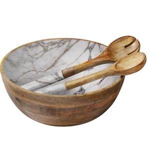 Bol à salade de luxe en bois de manguier artisanal avec revêtement en émail marbré et cuillères de service en bois assorties, grand bol de service rond - Product Image 1