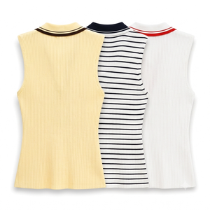 Camiseta de punto acanalado sin mangas para mujer con logo personalizado, cuello en V a rayas, ajuste ceñido, top corto de punto, proveedor OEM - Product Image 3