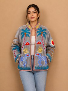 Veste Suzani pour femme avec broderie audacieuse motif Palmes et Soleil, style bohème folklorique, vêtement d'extérieur, manteau cousu artisanal, blazer chic bohème pour femme - Product Image 1