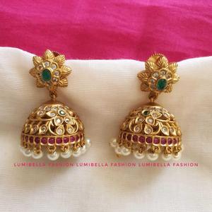 Floral Pearl Drop Jhumka Earrings in Matte Gold Finish for Wedding and Party - Product Image 1