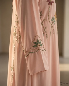 Elegante Abaya de Gasa Color Durazno con Estampado Floral y Cuello Alto para Madre de la Novia - Product Image 2