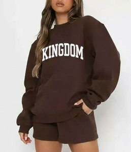 ชุดลำลองผู้หญิงสองชิ้น เสื้อคอกลมแขนยาว กางเกงขาสั้น สีน้ำเงิน พิมพ์ลายตัวอักษร ผ้าฟลีซ ทรงหลวม ใส่ได้ทั้งฤดูใบไม้ผลิและฤดูร้อน - Product Image 1