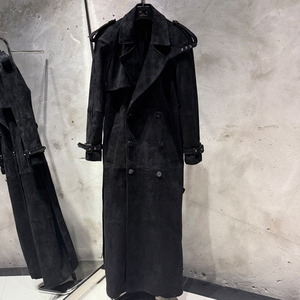 <b>Men's</b> Black Suede Long Trench Coat Turn-down Collar Double Breasted <b>Gothic</b> Style Autumn <b>Jacket</b> - Product Image 1