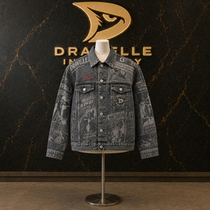 Chaqueta de mezclilla gruesa estilo camionero con estampado de periódico lavado y logo bordado, unisex, estilo holgado Hypebeast - Product Image 1