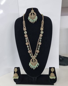 Delicate Floral Antique Gold Plated Kundan Rani Haar <b>Set</b> Long Necklace <b>Beads</b> Traditional Jhumkas 3 Wedding Engagement Party - Product Image 5
