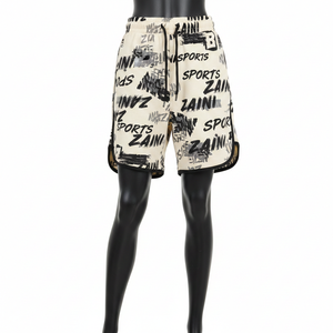 Shorts de baloncesto para mujer de algodón suave y poliéster, color crema, tela elástica cómoda, paneles con ribetes en contraste, logotipo personalizado. - Product Image 1