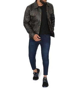 Wholesale <b>Trucker</b> Fashion Distressed Dark Brown <b>Men</b> <b>Jacket</b> Real Leather - Product Image 4