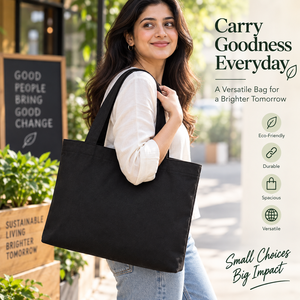 Large <b>Black</b> Recyclable Canvas Tote <b>Bag</b> with <b>Top</b> <b>Handle</b> Screen Printed for Daily Use Party & Suit - Product Image 3