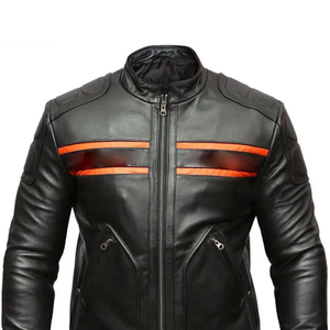 Men Black Leather Motorcycle <b>Jacket</b> Orange Stripe <b>Biker</b> <b>Jacket</b> Genuine Leather Wholesale Stand Collar <b>Biker</b> <b>Jacket</b> - Product Image 3