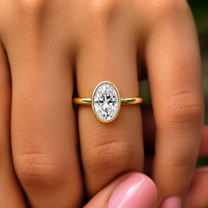 Minimalist Bezel Solitaire Oval Lab Grown Diamond 1.0ct/2.0ct/3.0ct 14K Yellow Gold DEF-VVS Rhodium Plated Engagement <b>Ring</b> IGI - Product Image 2