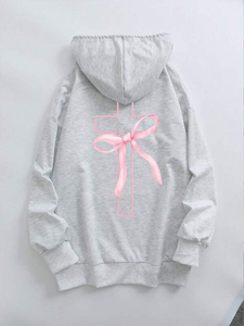 Women Hoodies Oversized Gray Pink Bow Cross <b>Back</b> Graphic <b>Drop</b> Shoulder Cotton Blend Pullover Private Label Bulk Manufacturer - Product Image 6