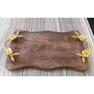 Bandeja de madera de diseño único para servir alimentos con asa de metal con diseño de hoja, plato decorativo ovalado de madera maciza hecho a mano para decoración de hoteles - Product Image 2