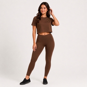 <b>Women's</b> Cute Summer Everyday Comfort Mid Waist <b>Leggings</b> Soft Crop T-Shirt Breathable Stretch Eco-Friendly 100% Polyester Set - Product Image 1