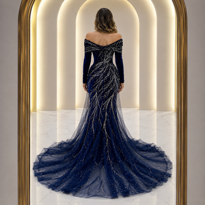 Robe de bal de luxe bleu marine en velours, brodée de sequins et de cristaux, à épaules dénudées, longueur ras du sol, pour femme, mode moderne, sur mesure - Product Image 2