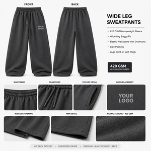 Pantalon de jogging décontracté gris pour homme, coupe oversize, jambe large, en molleton de coton, taille élastique avec cordon de serrage, poches, respirant, logo personnalisé - Product Image 4