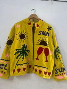 Yellow Handcrafted Suzani Velvet <b>Jacket</b> Floral Fancy Embroidery Style For Unisex Boho <b>Hippie</b> coat Indian Wholesaler Of <b>Jacket</b> - Product Image 5